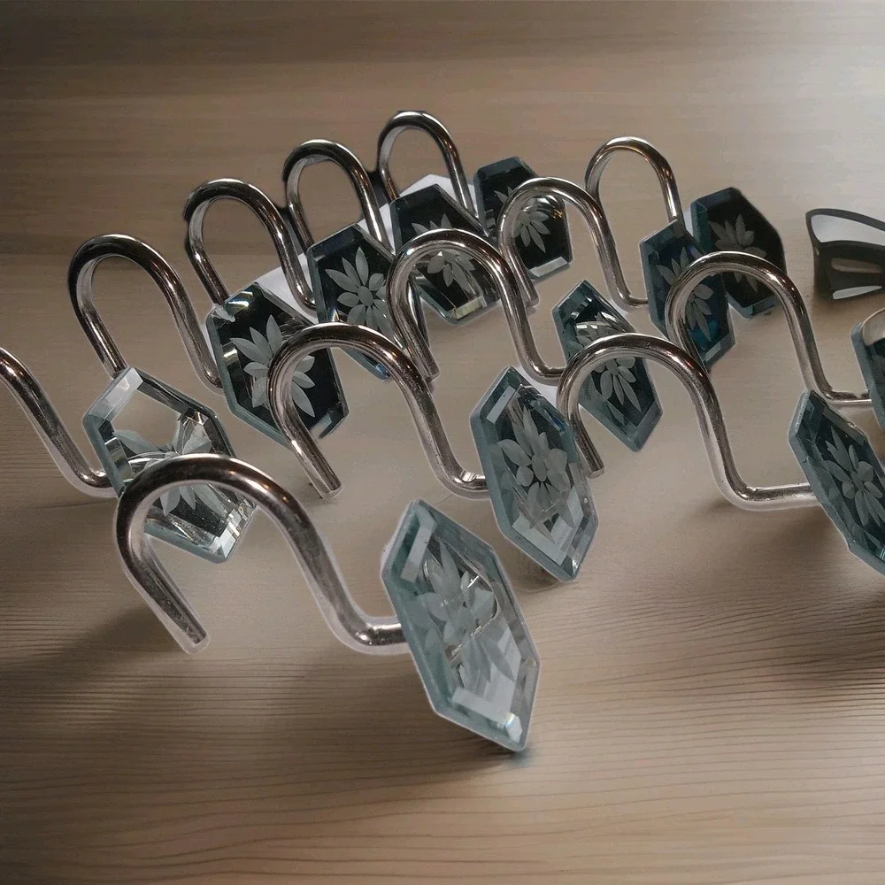 Lot of 12 Hexagon Metal Mirrored Glass White Flower Shower Curtain Hooks Rings
